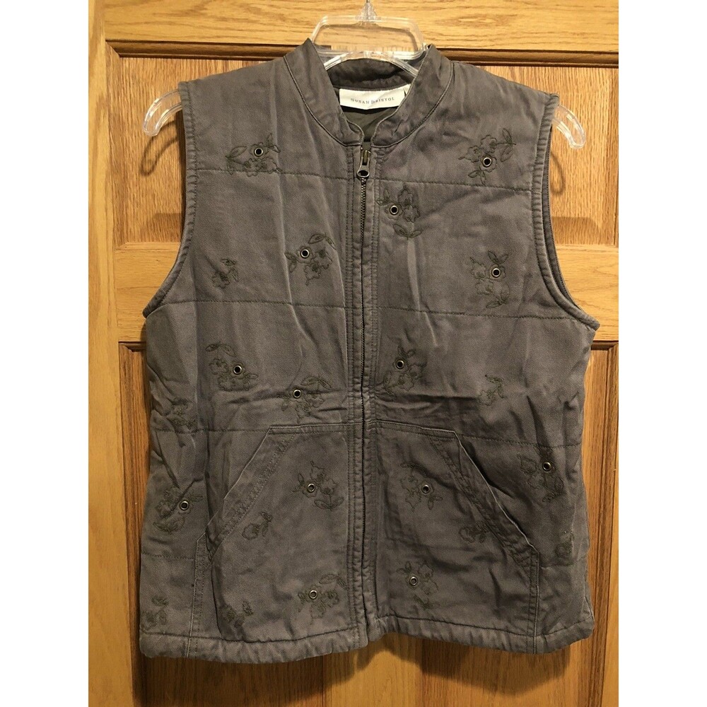 Susan Bristol Women Vest Medium Green Quilted Embroidered Pockets Full Zip Lined